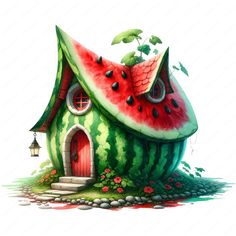 a watermelon house with a door and windows