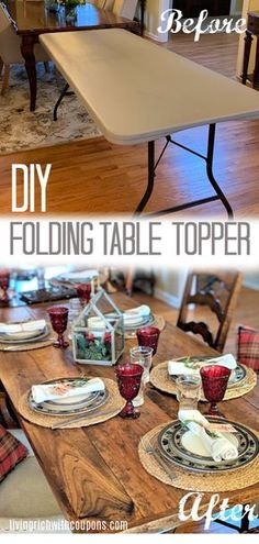 the before and after of a folding table topper