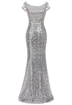 Gala Fishtail Dress With Sweep Train, Silver Mermaid Hem Evening Dress For Wedding, Silver Dress With Sweep Train For Banquet, Silver Dress With Sweep Train For Banquets, Silver Gown For Prom Season Banquet, Silver Gown For Prom Banquet, Silver Gown For Prom Season Banquets, Silver Gown For Banquet During Prom Season, Wedding Maxi Dress With Sequins And Mermaid Hem