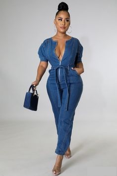 Always Sexy in Designs In VOGUE! This denim jumpsuit is botch classy and sexy. Pair with heels for a night out or combat boots for a casual look. Denim Jumpsuit Zip Closure Waist Tie Stretch Puff Sleeve Model is wearing size small Denim And Pearls, Blue Shirt With Jeans, Denim Jumpsuits, Stretch Jumpsuit, Denim Jumpsuit, Jean Shirts, Waist Tie, Combat Boots, Casual Looks