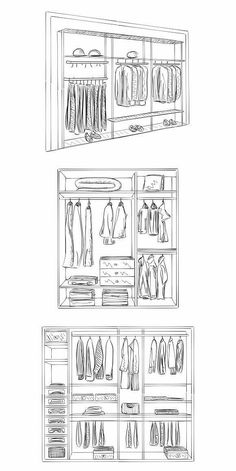 two drawings of closets with clothes hanging on the doors and shelves in each section