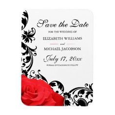 save the date card with red rose on black and white damaske pattern background