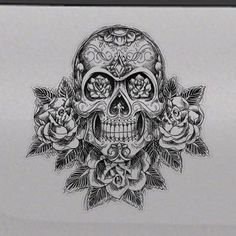 a drawing of a skull with roses on it