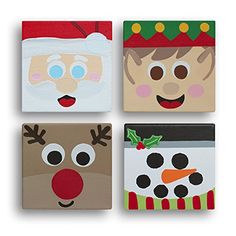 four square paintings of santa claus, snowman and rudolph