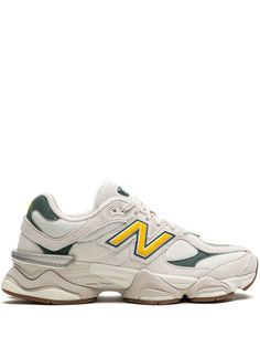 "Find NEW BALANCE 9060 \"\"white/green\"\" Sneakers on Editorialist. white/green suede panels mesh panelling appliqué logo branded heel counter front lace-up fastening round toe signature ABZORB® midsole rubber sole These styles are supplied by a premium and authenticated sneaker marketplace. Stocking only the most sought-after footwear, they source and curate some of the most hard to find sneakers from around the world." New Balance 550 Green Yellow, New Balance 990v5 Covert Green, New Balance 608 Green, New Balance Green Sneakers For Streetwear, New Balance Green Synthetic Sneakers, Basket Sport, Reebok Club C, Green Sneakers, Versace Outfit