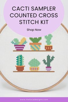 the cacti sampler counted cross stitch kit is shown with text overlay