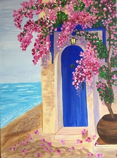 a painting of a blue door with pink flowers on the outside and water in the background