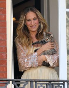 a woman holding a cat in her arms while standing on a balcony overlooking the street