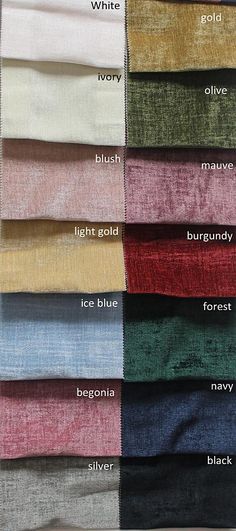 various colors of scarves are shown in this image, with the names on them