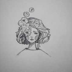 a drawing of a girl with flowers in her hair