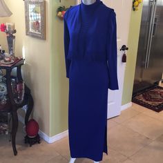 Full Length Dress Blue Maxi Dress For Formal Fall Occasions, Blue Formal Maxi Dress For Fall, Blue Fitted Maxi Dress For Work, Royal Blue Fitted Maxi Dress For Spring, Royal Blue Maxi Dress For Spring Formal, Fitted Blue Sheath Maxi Dress, Blue Fitted Sheath Maxi Dress, Blue Midi Dress For Fall, Full Length Dress