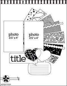 a black and white photo frame with lots of papers on it, including pictures in the middle