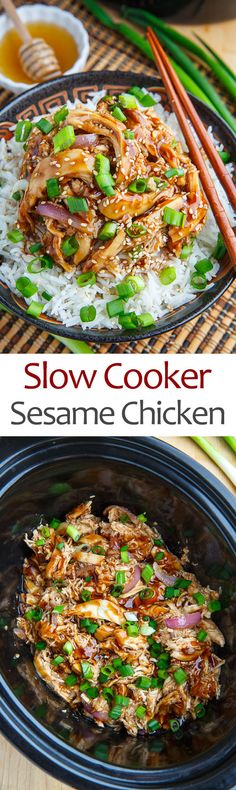 slow cooker sesame chicken with chopsticks on the side, and in a black bowl