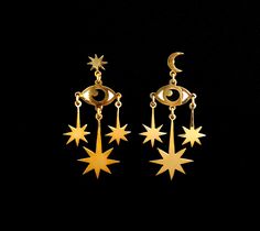 Starry Eyes Earrings | Etsy Unique Gold Star Shaped Jewelry, Unique Gold Star-shaped Jewelry, Celestial Style Drop Earrings, Celestial Yellow Gold Earrings, Celestial 14k Gold Earrings, Gold Celestial Plug Earrings, Celestial 14k Gold Dangle Earrings, Luxury Celestial Drop Earrings, Celestial Yellow Gold Brass Earrings