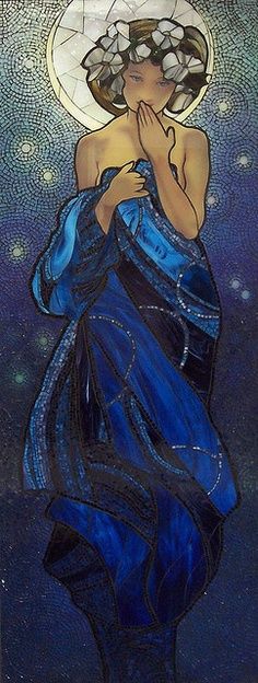 a painting of a woman wearing a blue dress and holding her hands to her chest