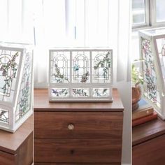 three different views of a stained glass window on a wooden dresser in front of a window