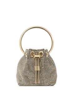 gold-tone drawstring fastening single top handle chain-link shoulder strap crystal embellishment Statement Handbag, Mini Bucket Bags, Natural Gold, Gold Top, Bon Bon, Boot Bag, Mesh Bag, Metal Bracelets, Bridal Shoes