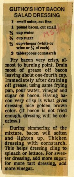 an old newspaper article with instructions on how to use the hot bacon salad dressing recipe