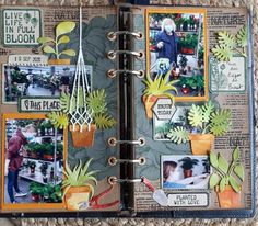 an open book with pictures and plants on it