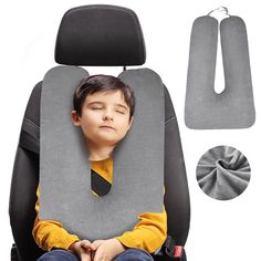 a young boy sitting in a car seat with his head resting on the arm rest