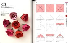 an open book with origami flowers and instructions on how to make paper roses