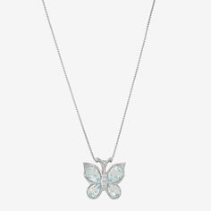 A symbol of transformation, this butterfly pendant transcends mere beauty with its gorgeous aquamarine wings and diamond-accent body. Wear it, and feel your spirits soar.Metal: Sterling silverStones: Heat-treated pear-shaped aquamarines, 7x5 and 6x4mmOther Stones: Diamond accentsClosure: Spring-ringLength: 18" box chainDimensions: 17.24x16.23mmCare: Wipe CleanCountry of Origin: ImportedSome diamonds may consist of fewer than 17 facets.Gemstones may be treated and may require special care.Jewelry Silver Butterfly Pendant Necklace For Her, Dragon Goddess, Blue Butterfly Necklace For Gifts, Elegant Blue Sterling Silver Butterfly Necklace, Elegant Gemstone Butterfly Necklace Gift, Nickel-free Sterling Silver Butterfly Pendant Necklace, Jewelry Photos, Butterfly Pendant Necklace, Aqua Marine