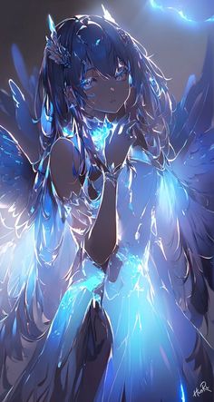 an anime character with blue wings and white hair, standing in front of a dark background