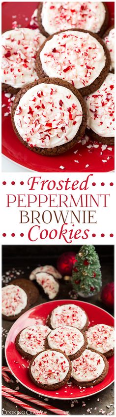 frosted peppermint brownie cookies on a red plate