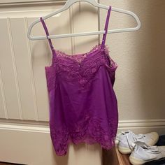 Never Worn Feminine Purple Tops With Lace Trim, Purple Camisole For Daywear, Feminine Purple Sleeveless Camisole, Feminine Purple Camisole Top, Feminine Purple Camisole For Spring, Silk Cami, Purple Silk, Pink Purple, Womens Tops