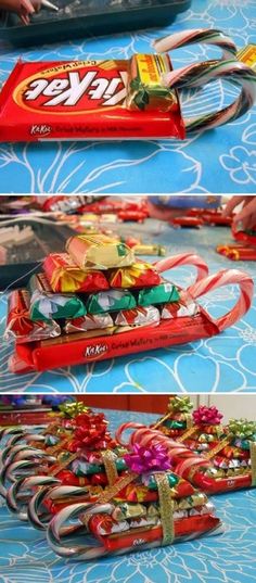 an older woman is decorating christmas candy canes with bows and other holiday decorations