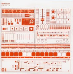 an orange and white poster with various electronic equipment on it's sides, including sound mixing