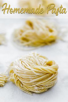 homemade pasta on a white surface with text overlay