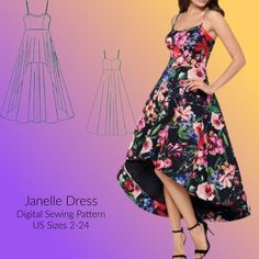 a woman in a dress with flowers on it and the words, janelle dress digital sewing pattern us sizes 2 - 24