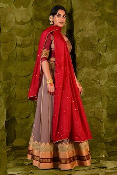 Bracken grey lehenga skirt with silk tape, woven border, aari gold zari beaten hand embroidery, beads work, zardozi, sequins, and gota patti, with floral embroidered blood red maroon broad waistband. Comes with blood red maroon embroidered blouse and dupatta. - Aza Fashions Embroidered Sets For Reception And Festivals, Embroidered Border Sets For Reception And Festivals, Embroidered Border Sets For Receptions And Festivals, Traditional Drape Sharara With Embroidered Border For Reception, Embroidered Choli For Reception, Embroidered Border Choli For Reception, Embroidered Choli For Reception With Traditional Drape, Designer Floor-length Lehenga With Embroidered Border, Anarkali Choli With Embroidered Border For Reception