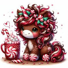 a cute little pony sitting next to a mug filled with candy canes and candies