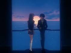 two anime characters standing in front of an open window at night with the sun setting behind them