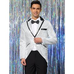 It's suitable for magician and chorus conductor for event and show. This special designed sparkle suit blazer quite fits your need for stage performance, parties, Halloween costume to be a unique one. Suitable for you to pair with other shiny clothes such as metallic pants and glitter shirts for a remarkable look. Wonderful special gift for your brothers, friends or boyfriend. Party Suits With Sequins, Sequin Party Suits For Party Season, Sequin Party Suits, Fitted Outerwear For Christmas Costume Party, Sequin Wedding Blazer For Winter, Winter Wedding Sequin Blazer, Long Sleeve Suits For Winter Party, White Long Sleeve Tuxedo For Party, Winter Party Tuxedo Fitted