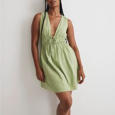 Madewell Light Green Linen Mini Dress In Seedling Color. New With Tags Madewell Dresses, High Point, Wide Straps, Deep V, Linen Blend, Madewell, Elastic Waist, Mini Dress, Elastic