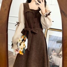 size: M, Color: Dark Brown Long Sleeve Elegant Dress, Long Sleeve Elegant Dresses, Princess Sleeves, Red Velvet Dress, Square Neck Dress, Women Long Sleeve Dress, Vestidos Vintage, Mid Length Skirts, Princess Style