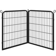 a black metal gate with bars on the top and bottom part, open to reveal a grid pattern