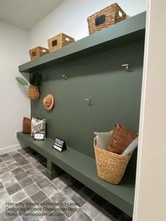 there is a shelf with baskets and other items on it