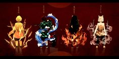 three anime characters standing next to each other in front of fire and water with words written on them