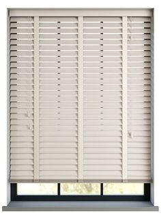 an open window with white blinds on it