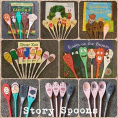 there are many spoons with different pictures on them and the words story spoons