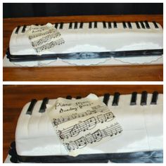 two cakes decorated with musical notes and piano keys