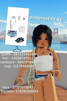 an image of a doll with clothes and accessories on it's chest, standing in front of the water