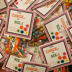 many candy candies are wrapped in plastic bags and labeled with the words chick is six