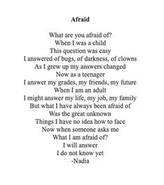 a poem written in black and white with an image of the words afraid, what are you