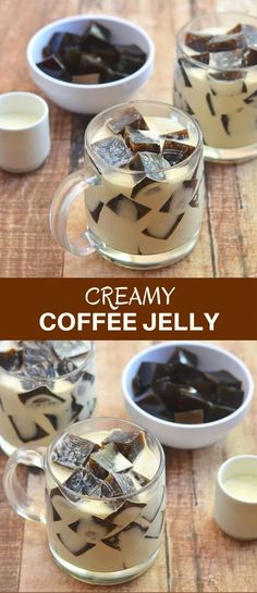 two cups filled with ice cream and coffee jelly on top of a wooden table next to bowls