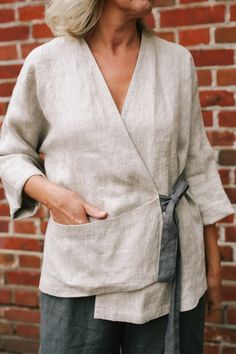 Haori linen jacket with pocket and asymmetrical tie closure | Etsy Беларусь Chic Summer Cardigan With Pockets, V-neck Outerwear With Pockets For Summer, V-neck Summer Outerwear With Pockets, Versatile Summer Outerwear With Pockets, Summer V-neck Outerwear With Pockets, Oversized V-neck Outerwear With Pockets, Relaxed Fit Wrap Outerwear For Loungewear, Summer Workwear Cardigan With Pockets, Oversized Beige Wrap Outerwear